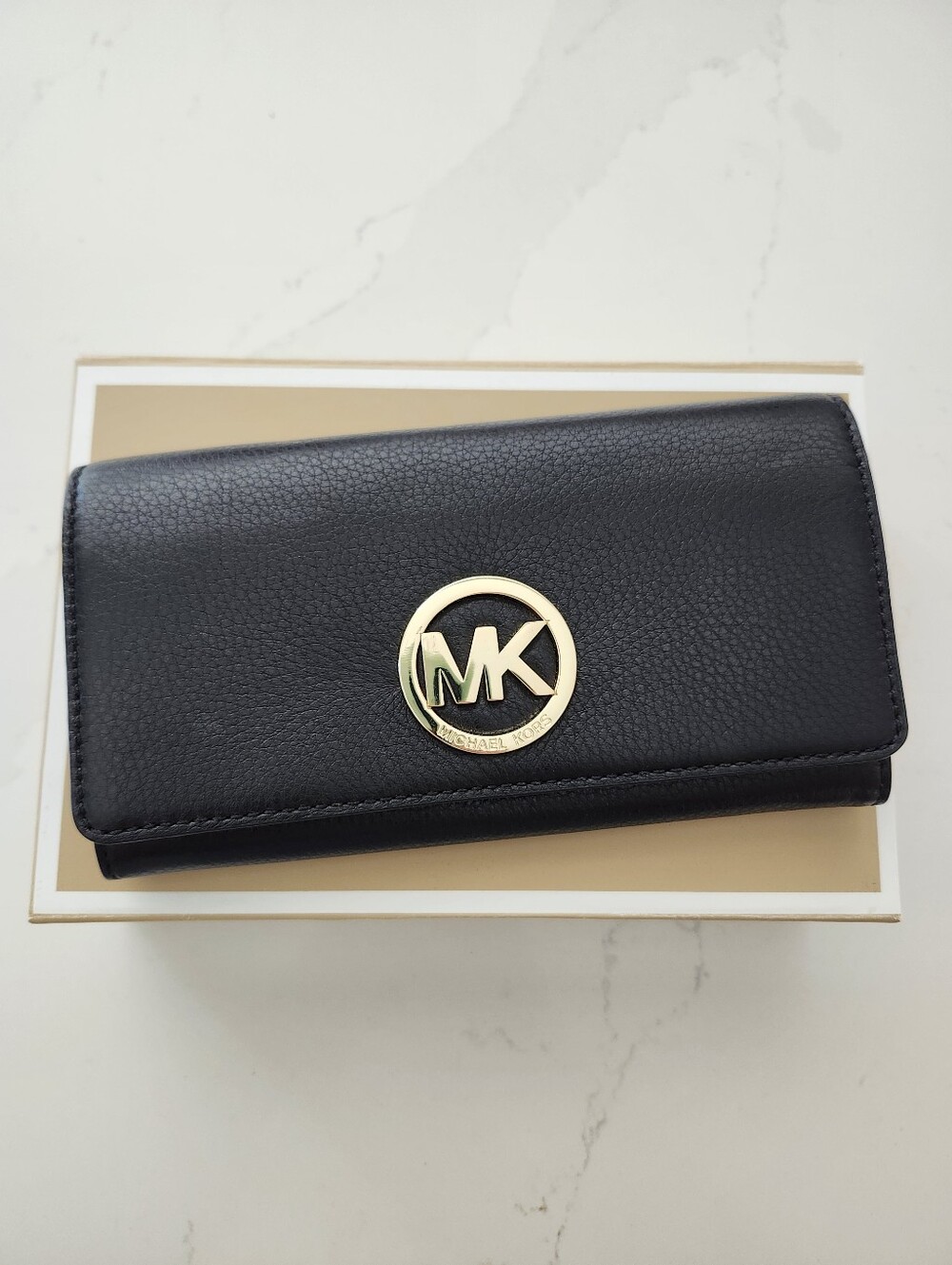 Michael Kors Black Leather Wallet with Gold MK Emblem